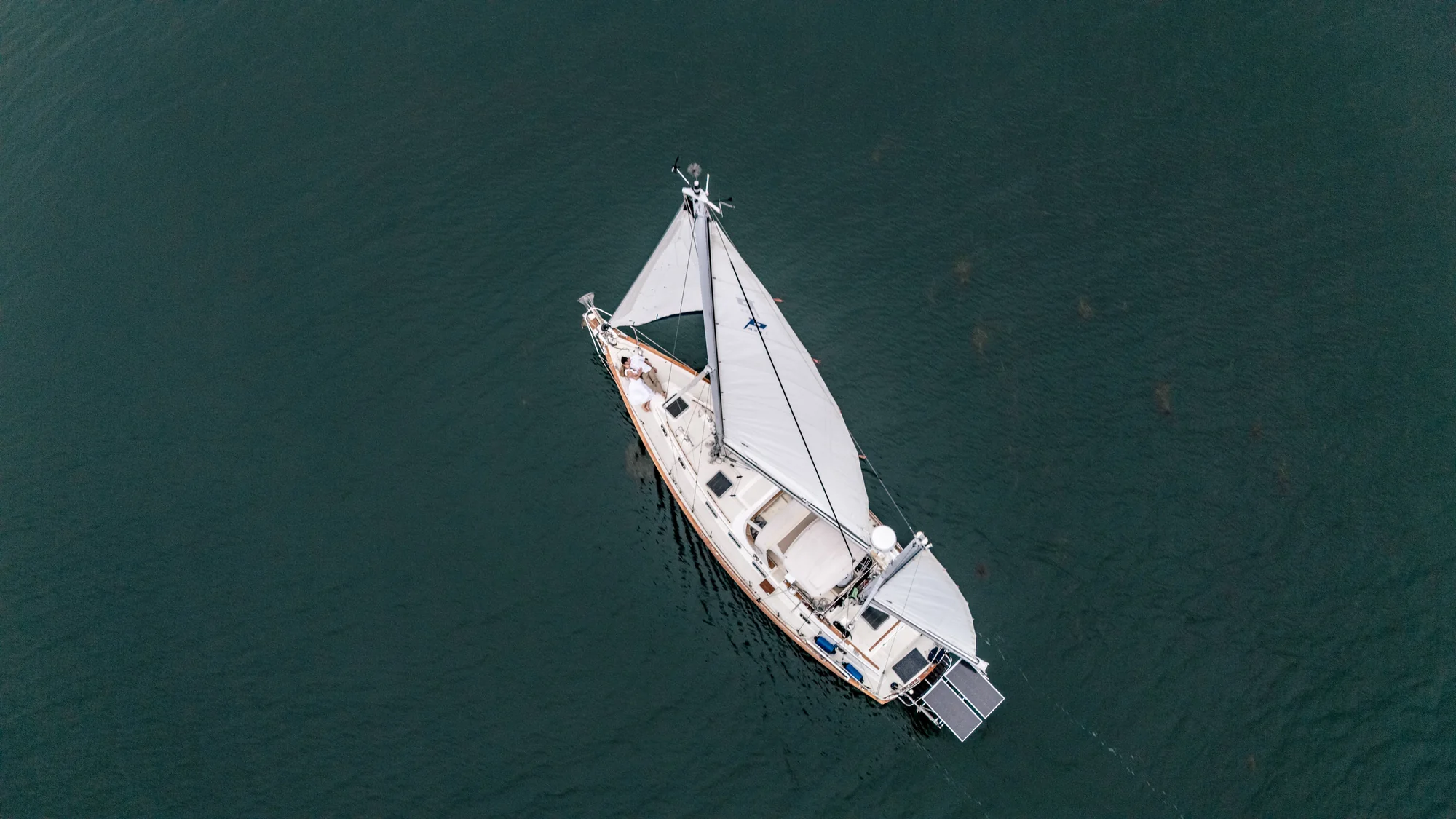Overhead view of Our Passion sailing on Buzzards Bay