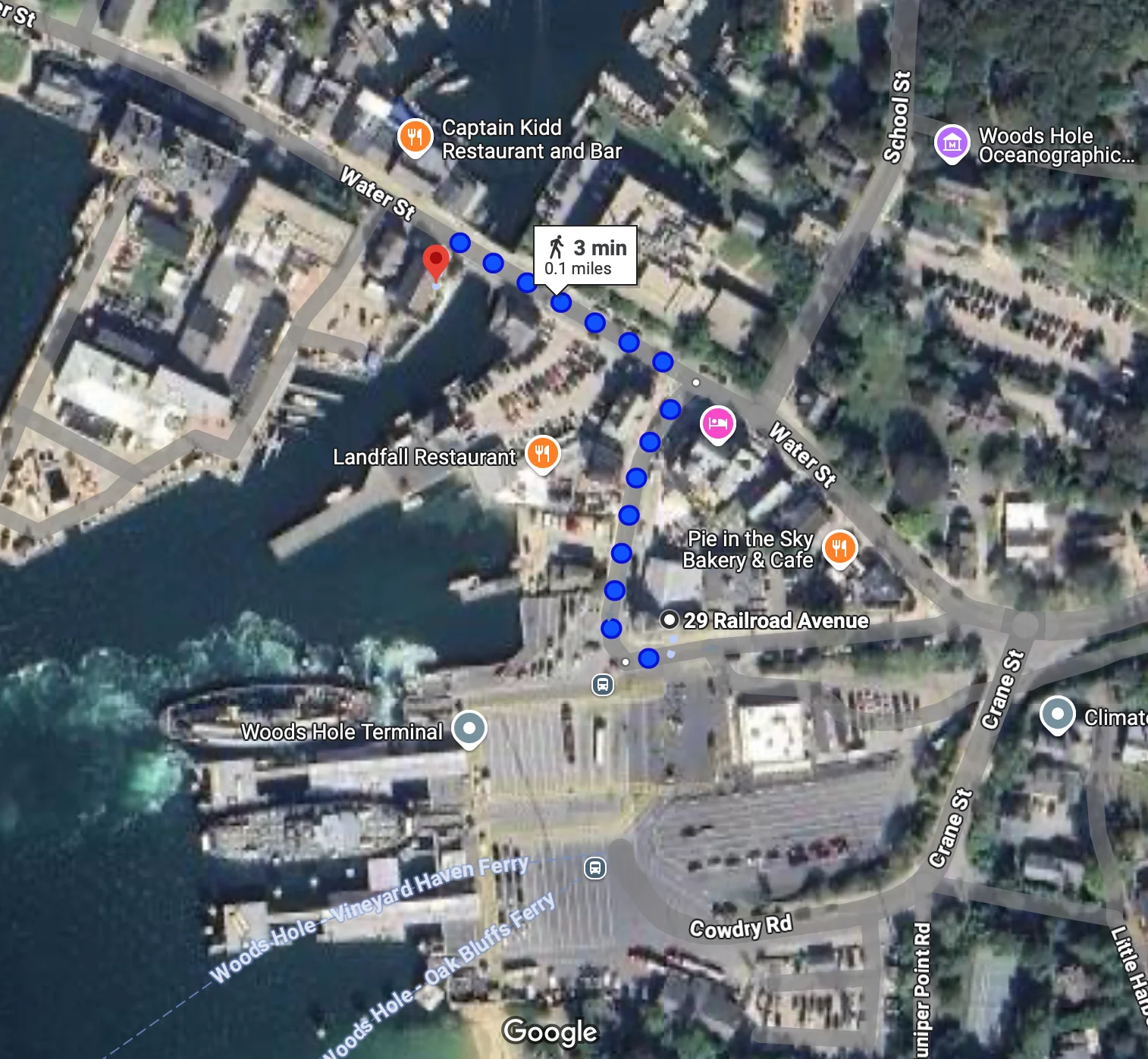 Map of the Woods Hole pick up location at the Eel Pond Bridge